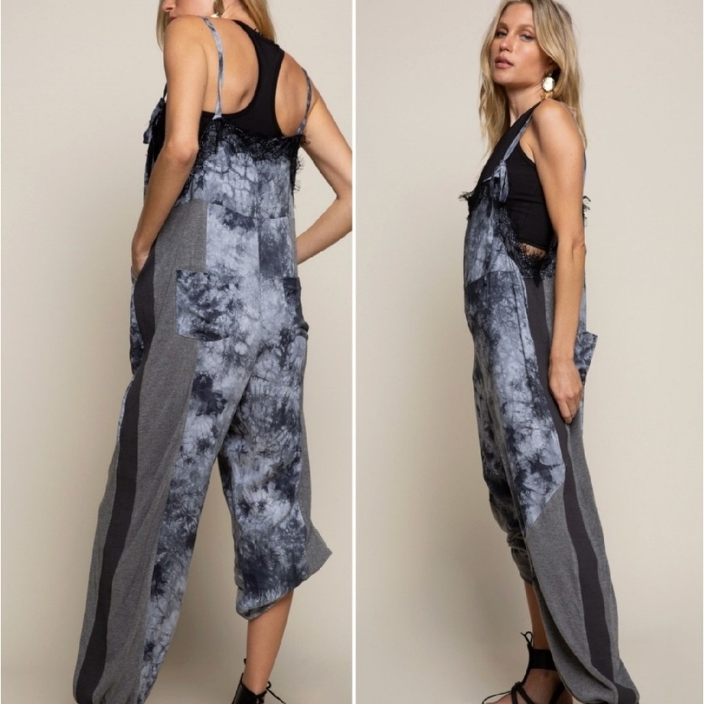 Pol Jumpsuit Women M Blue Tie Dye Lace Trim Boho Harem Festival artsy grunge